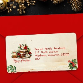Etiqueta Vintage Script Rustic Green Red Christmas Address