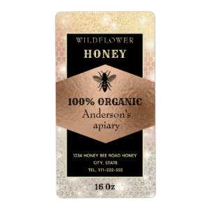 Etiqueta Vintage sparkle rosa gold bee logo do mel