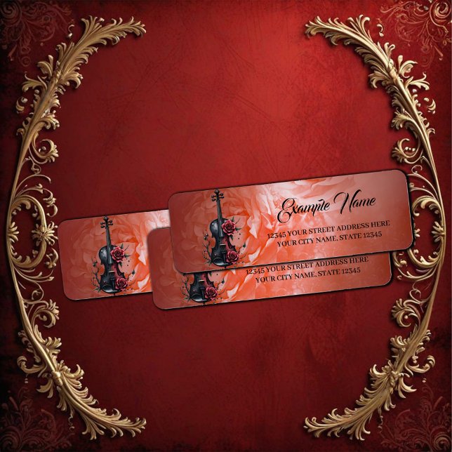 Etiqueta Violino preto gótico com rosas vermelhas (Criador carregado)