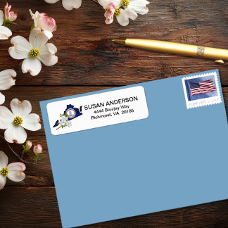 Etiqueta Virginia Flag com Flor Estadual Flor Dogwood