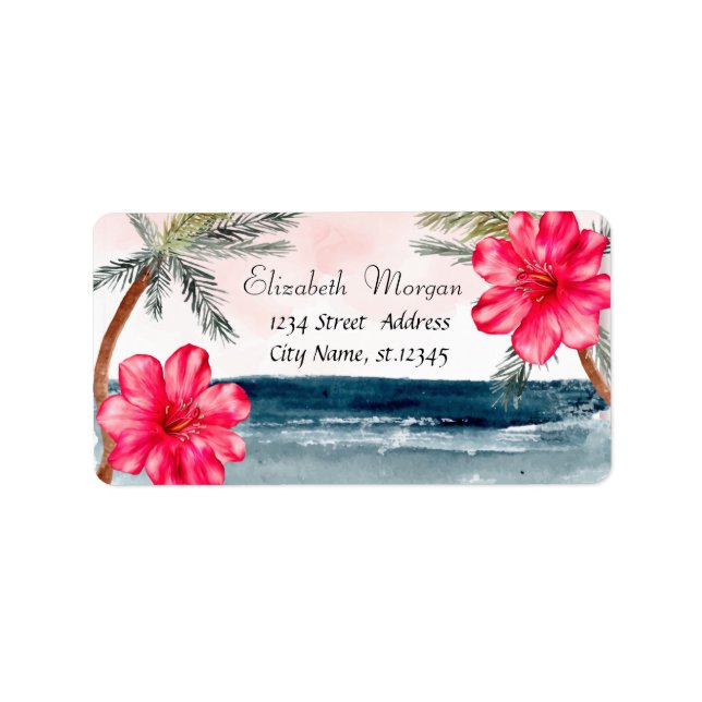 Etiqueta Watercolor Beach,Palms,Hibiscus (Frente)