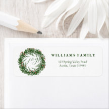 Watercolor Green Wreath Name & Initials Christmas