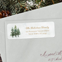 Watercolor Pine Trees Christmas Return Address (En