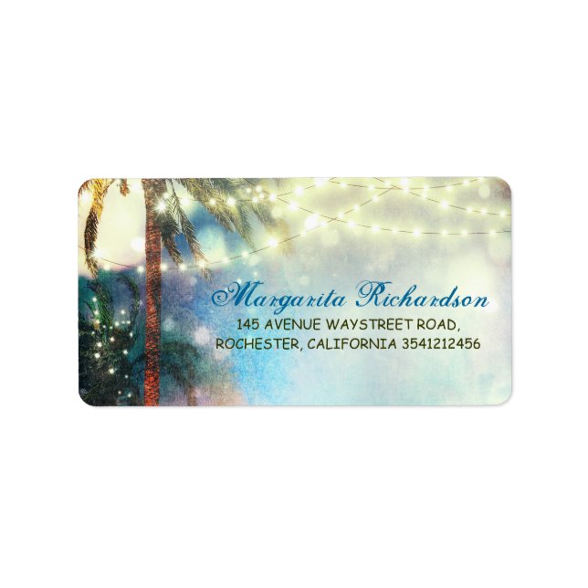 Etiqueta Watercolor String Lights Palms Beach Weding (Frente)