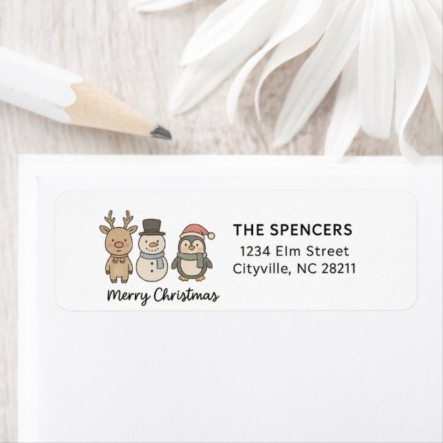 Etiqueta Whimsical Reindeer, Snowman & Penguin Christmas (Insitu)