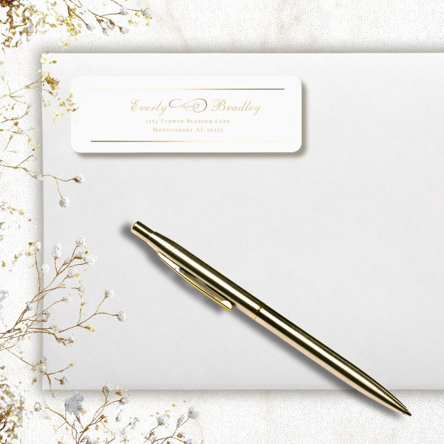 Etiqueta White Background Gold Script Elegant Address (Criador carregado)