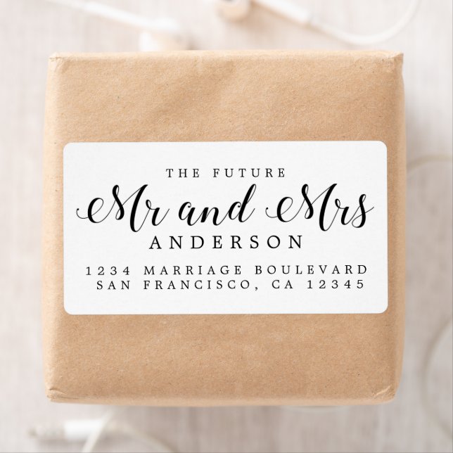 Etiqueta White Black Script Future Mr Mrs Return Address (Insitu)