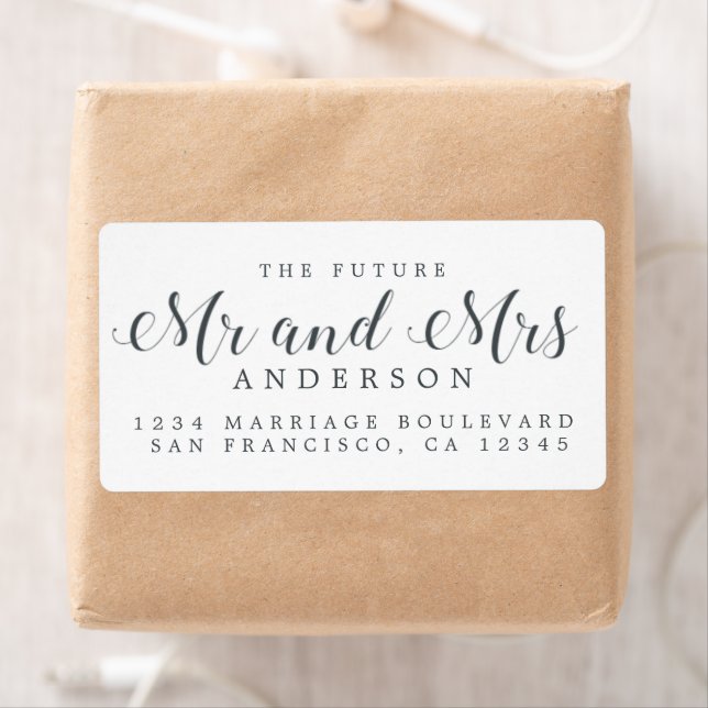Etiqueta White Black Script Future Mr Mrs Return Address (Insitu)