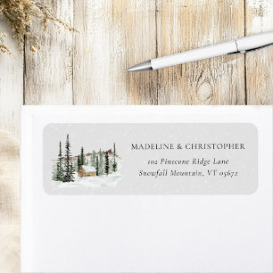 Etiqueta Winter Pine Trees Cabin Wedding Return Address (En