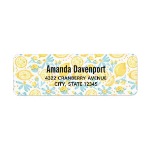 Etiqueta Yellow Lemons & Blue Flowers Illustrated Pattern L