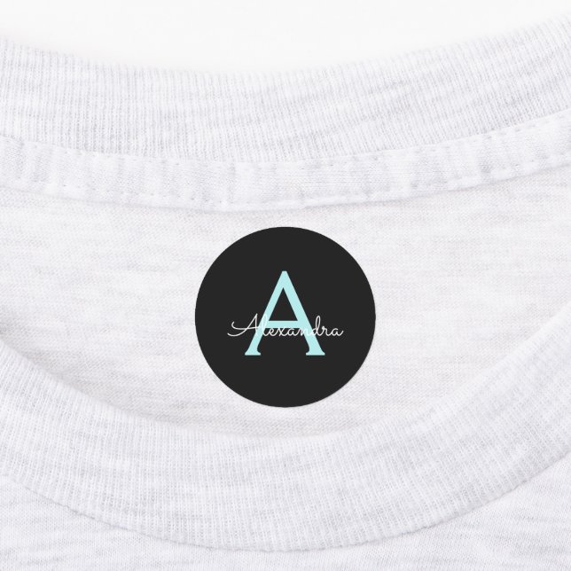 Etiquetas Aqua Teal Blue Script Girly Monographic Name (Afixado)