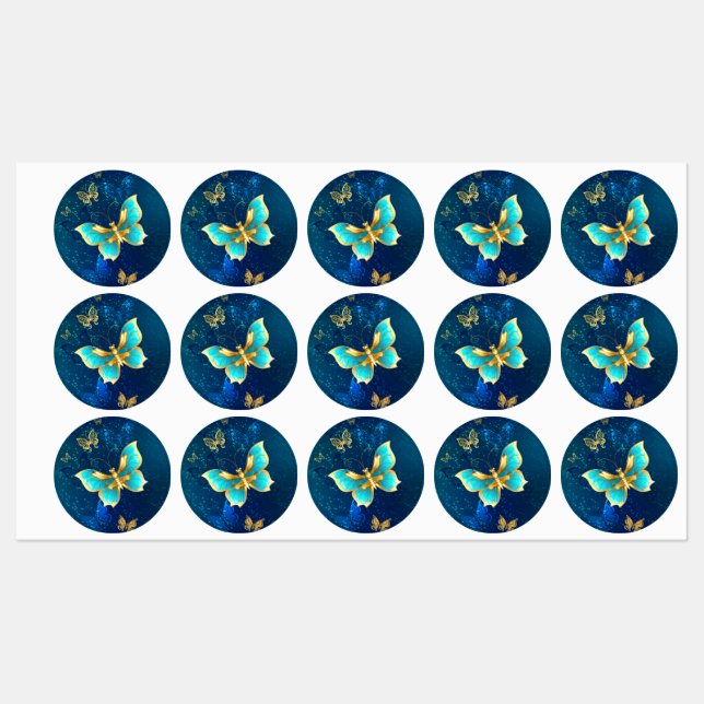 Etiquetas Borboletas de ouro em um fundo azul (Folha)
