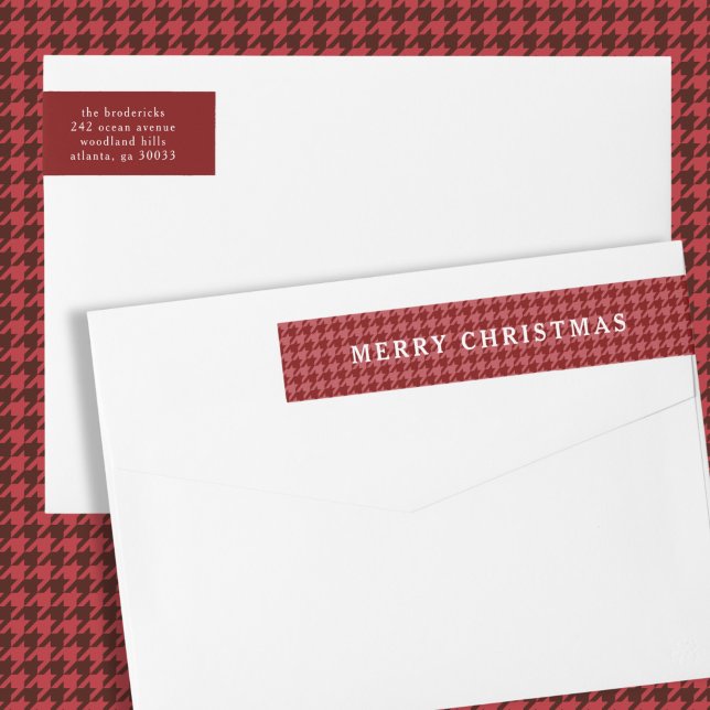 Etiquetas Clássico Natal Alegre Xadrez Vermelho  (classic, preppy, Christmas address label with red houndstooth pattern)