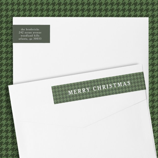 Etiquetas Clássico Natal Feliz Xadrez Verde  (classic, timeless Merry Christmas address label with green houndstooth pattern)