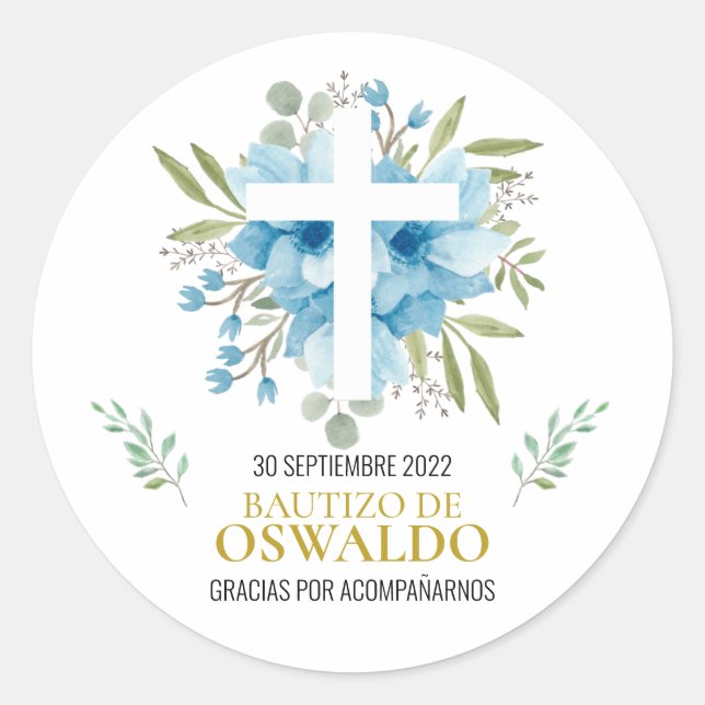 Etiquetas de agradecimiento para bautizo azul (Frente)