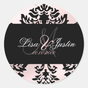 Etiquetas de casamento do monograma do Damask/cor