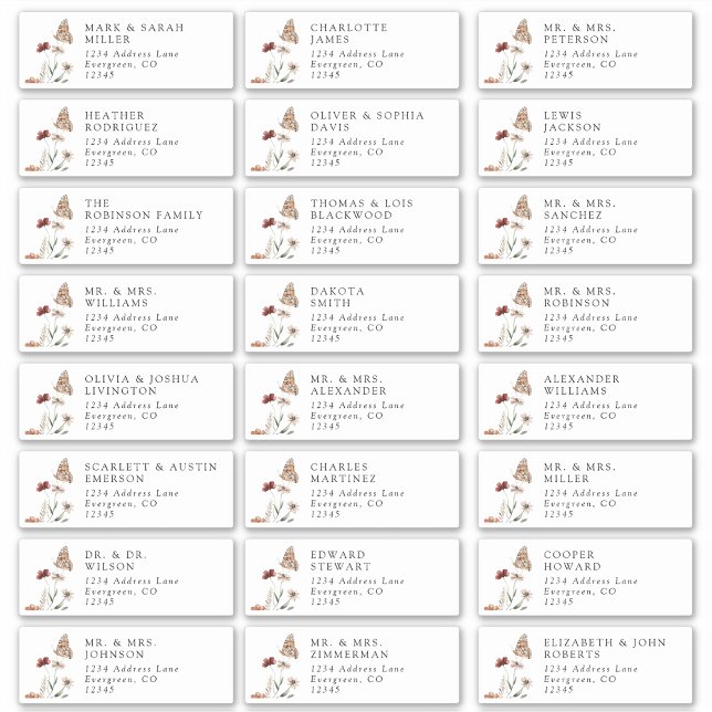 Etiquetas de Endereço de Convidado Moderno (Modern White Floral Guest Address Labels with Butterfly by Painted Paperie
)