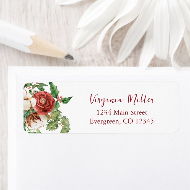 Etiquetas de Endereço de Retorno de Férias Botânic (Red Green Cream Botanical Personalized Holiday Return Address Labels by Painted Paperie
)