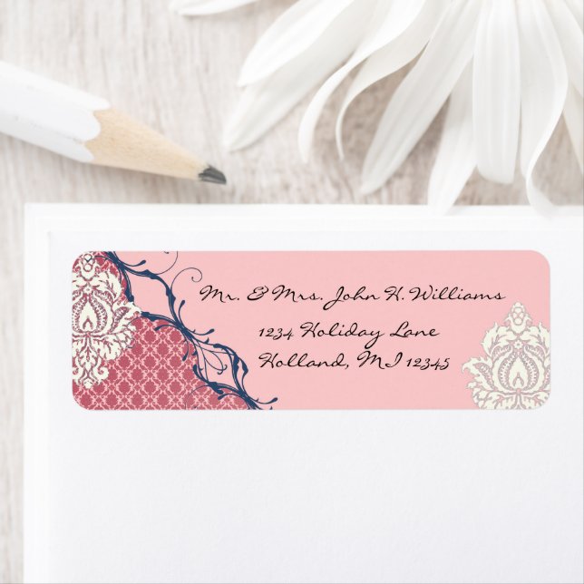 Etiquetas de Endereço Raspberry & Navy Damask (Insitu)