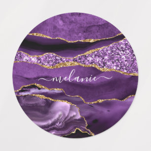 Etiquetas de Nome de Geodo Glitter Dourado Violeta