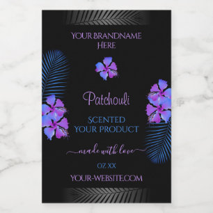 Etiquetas de Produto Pretas Flores Tropicais Roxo