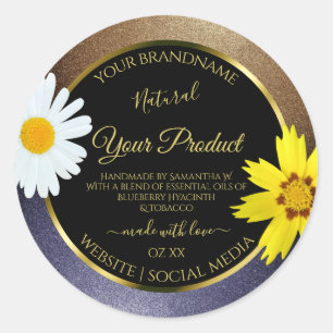 Etiquetas de produto preto floral e azul brilhante