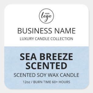 Etiquetas de velas de soja branca e meio azul