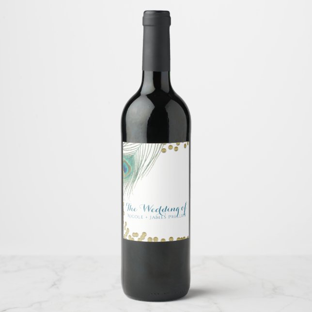 Etiquetas de Vinho Boho Glam com Penas de Pavão e  (Frente)