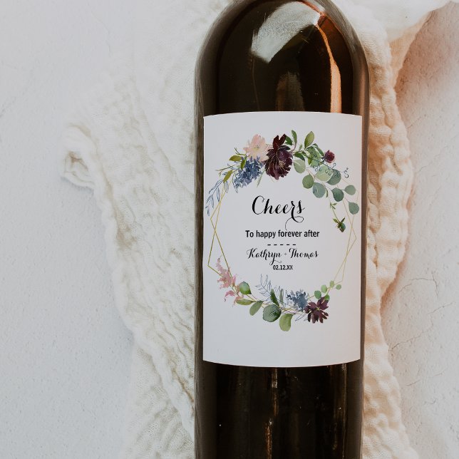 Etiquetas de Vinho de Casamento Floral e Verde (Criador carregado)