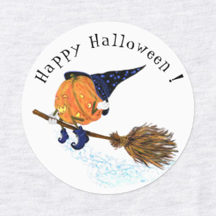 Etiquetas Feliz bruxa das bruxas-abóbora, vassoura-voadora 