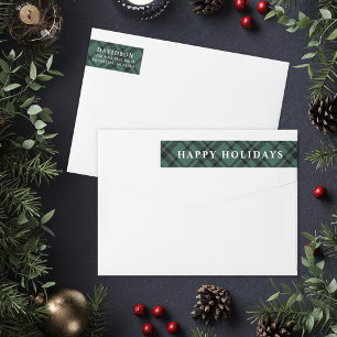 Etiquetas Felizes Festas no Xadrez Tartan Verde Caçador