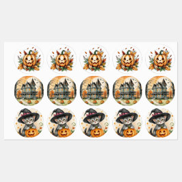 Etiquetas Gatinho Bruxo Caprichoso Retro Boho de Halloween,