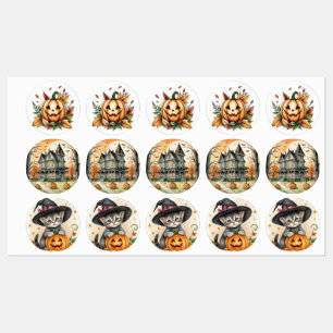 Etiquetas Gatinho Bruxo Caprichoso Retro Boho de Halloween,