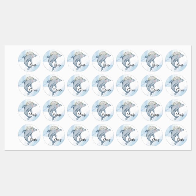 Etiquetas Golfinhos Personalizados de Aquarela (Folha)