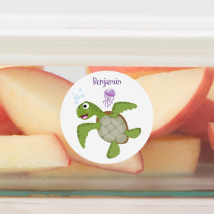 Etiquetas Ilustração animada feliz da tartaruga verde-branca