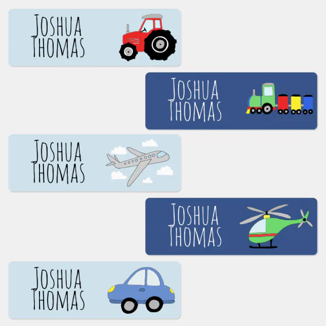 Etiquetas Infantis Trator, carro, desenho e nome dos meninos