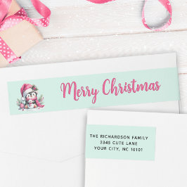 Etiquetas Mint e Pink Merry Christmas Penguin Address