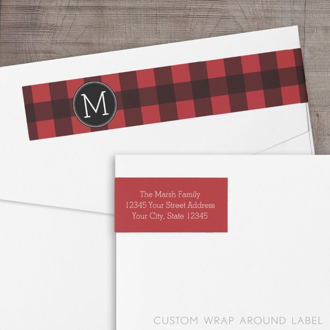 Etiquetas Monograma do Padrão Rustic Red & Black Buffalo Xad (Custom Return Address Label with a Wrap Around Feature)