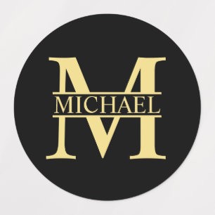 Etiquetas Monograma e Nome Personalizados Preto e Dourado