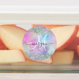 Etiquetas Monograma Holográfico Glitter Arco-Íris Pastel