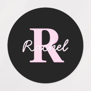 Etiquetas Monograma Personalizável Fofo   Rosa Claro e Preto