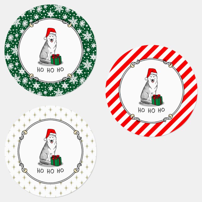 Etiquetas Natal Santa Hat Siberian Husky (prateado) (Grupo)