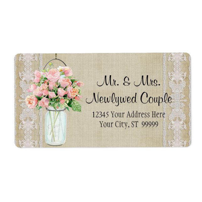 Etiquetas País Rústico Mason Jar Blush Roses Rosa (Frente)