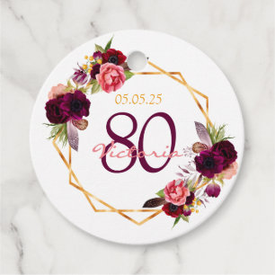 Etiquetas Para Lembrancinhas 80 de aniversário nome geo burgundy de ouro flora