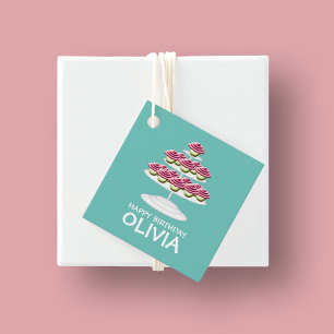 Etiquetas Para Lembrancinhas Aniversário feliz da Torre Cupcake Branca e Rosa