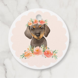 Etiquetas Para Lembrancinhas Aquarela Dachshund e Flores de Pêssego Obrigado