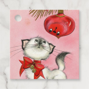Etiquetas Para Lembrancinhas Árvore Gata Rosa De Natal Bonita Gatinho Vintage 