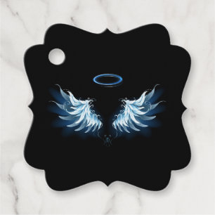 Etiquetas Para Lembrancinhas Asas Anjos Azuis Brilhantes em fundo preto