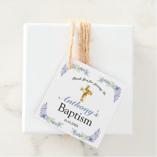 Etiquetas Para Lembrancinhas Azul Elegante e Lavanda Dourado Cruz Bebê Batismo