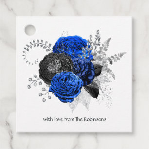 Etiquetas Para Lembrancinhas Azul Real, Preto e Floral Prateado